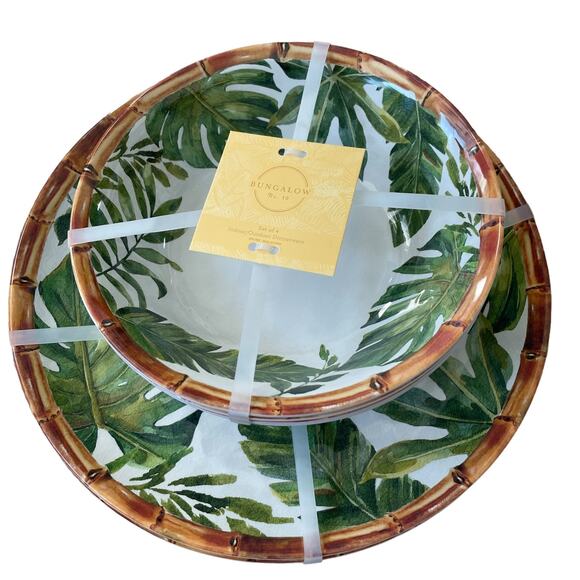BUNGALOW Tropical Bamboo Banana Leaf Melamine 11" Dinner Plate Set of 8 NEW - Picture 9 of 10